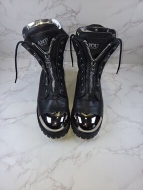 Women's Black Leather Combat Boots with Silver Toe Cap